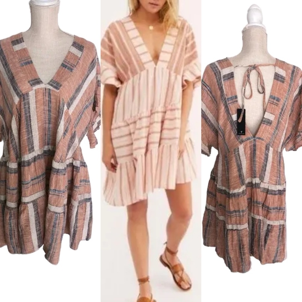 Lulus Boho Striped Double V-Neck Tiered Mini Dress Dusty Orange